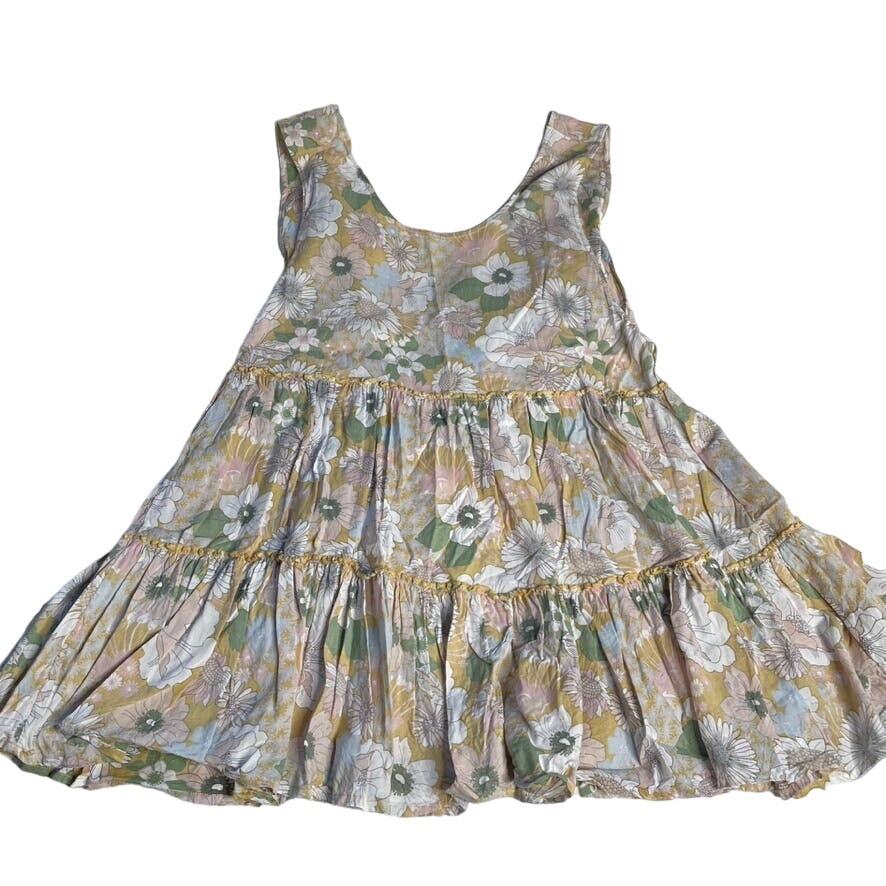 ONEILL Large Open Back Floral Tank Dress Tiered White Yellow Green Mini