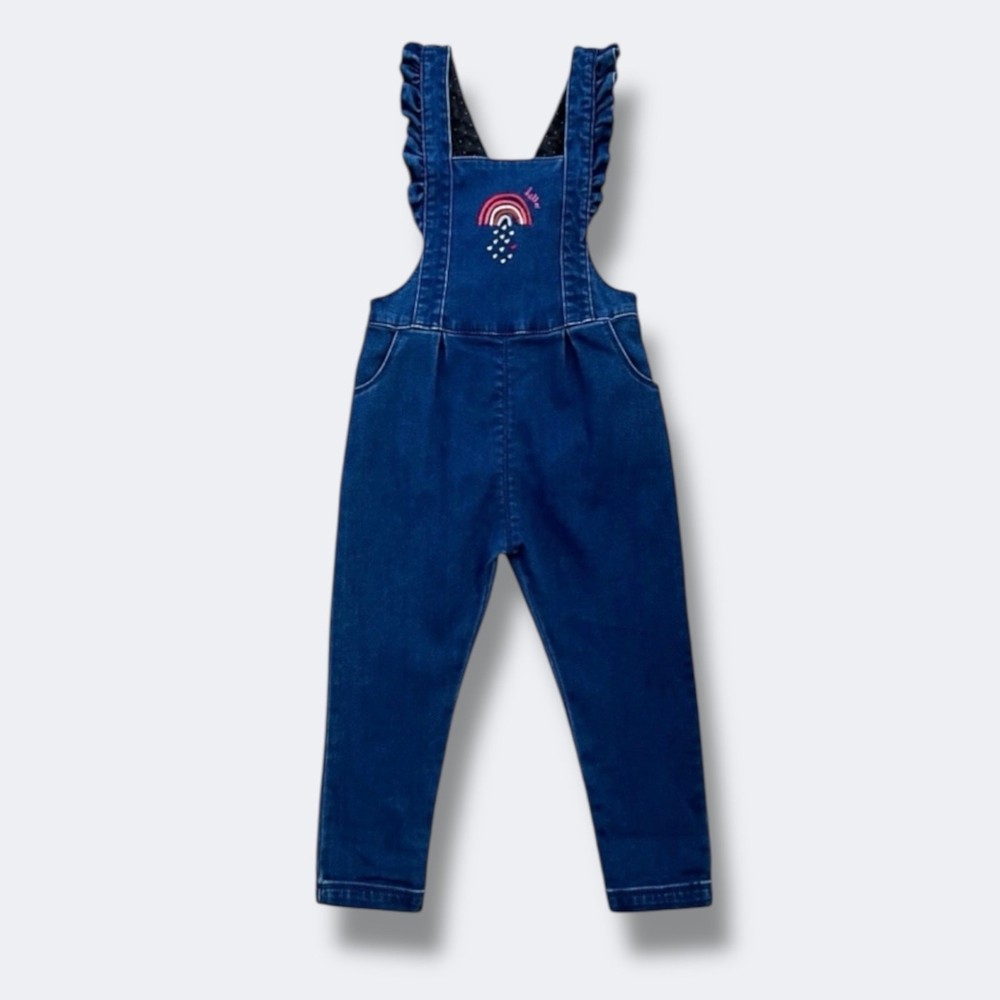 Catimini Blue Denim Overalls Size 3 with Ruffle Straps & Embroidered Rainbow