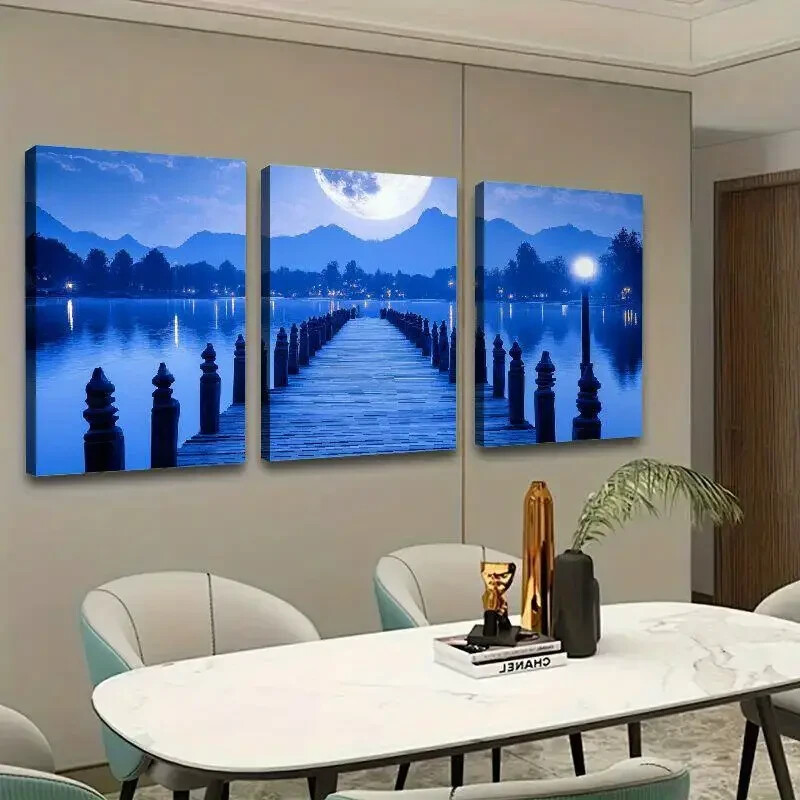 3pcs Moon on the Sea Wall Art Canvas Unframed
