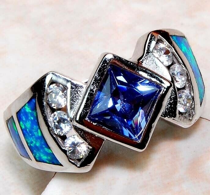 1CT Treated Sapphire & Australian Opal Inlay 925 Sterling Silver Ring Sz 6 BA4