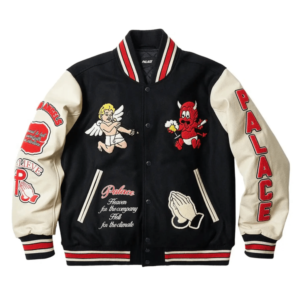 Men's Black White Wool Leather Fallen Angels Varsity Jacket Unisex