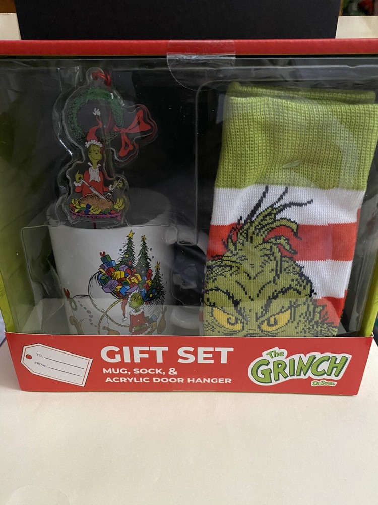Grinch Dr Seuss Holiday Gift Set with Mug Socks Door Hanger