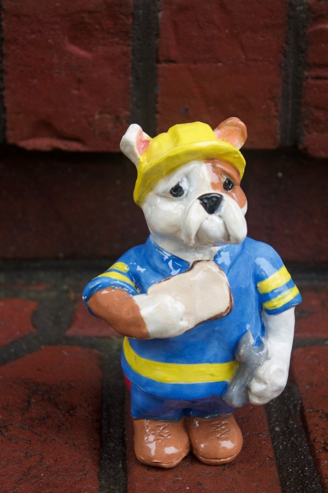 Hand-Built Clay Bulldog Trucker with Hard Hat Sandwich and Toolbox Ready to Work