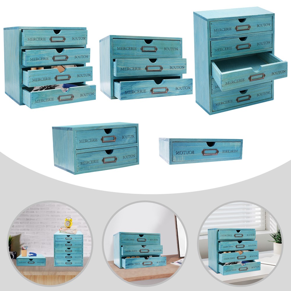 Five-Piece Set Pine Wood Desktop Drawers Vintage Wooden Desktop Organizer Blue