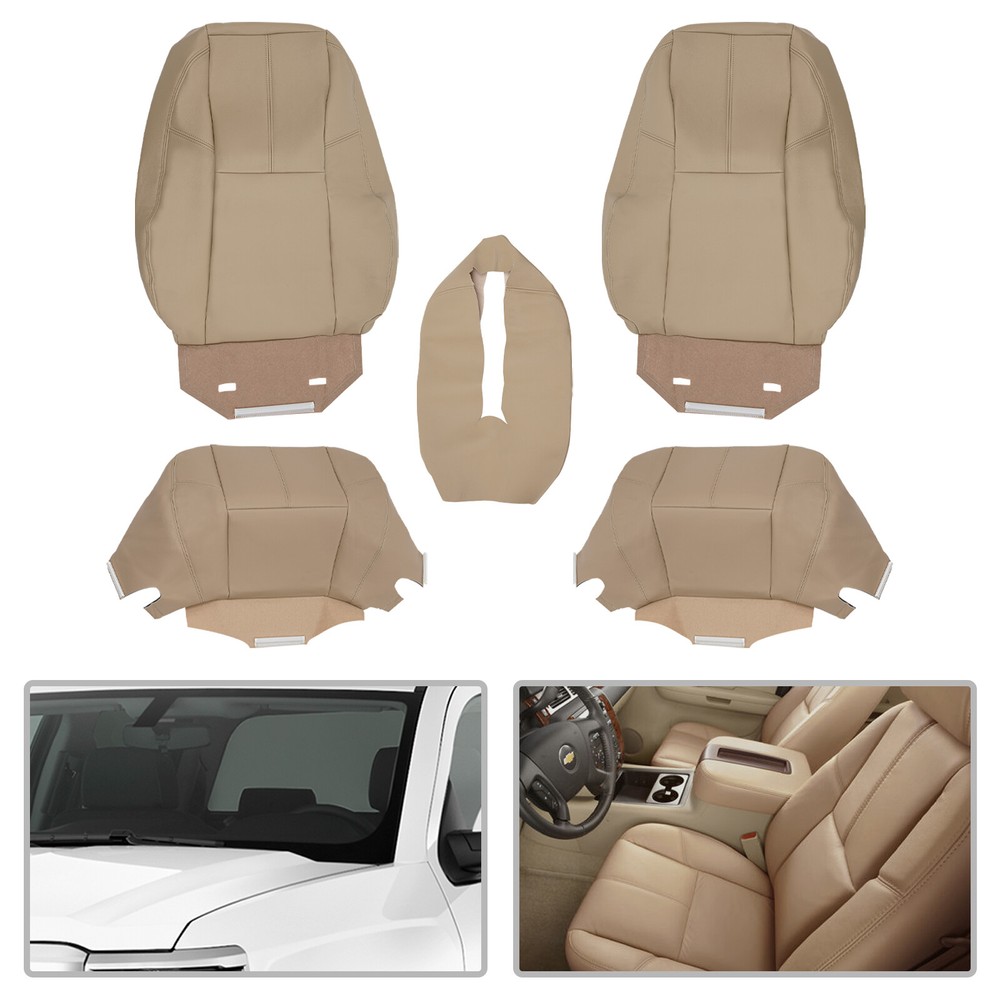 Driver & Passenger Bottom & Top Seat Cover Tan For 07-14 Chevy Tahoe GMC Sierra