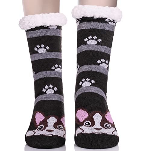Womens Winter Slipper Socks With Grippers Cozy Warm Cute Black Footprint Dog