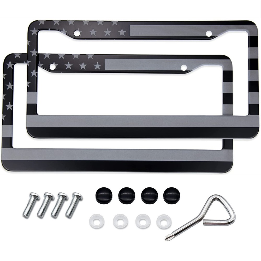 2pcs Grey Black US Flag License Plate Frames for Ram 1500 Cabs