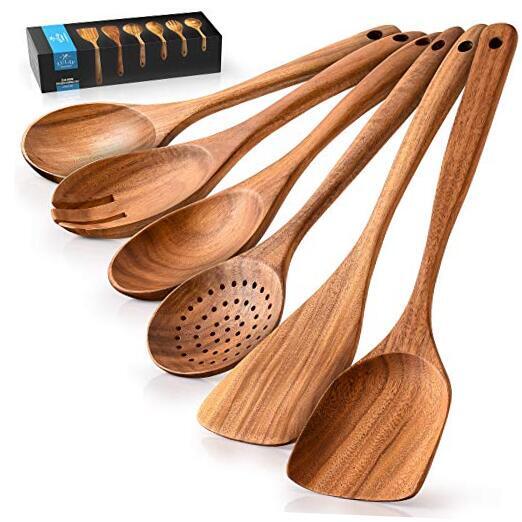Premium Wooden Utensils For Cooking - 6 Pc Set Non-Stick Soft Comfortable