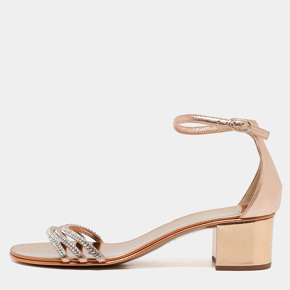 Giuseppe Zanotti Metallic Gold Leather Crystal Embellished Ankle Strap Flat