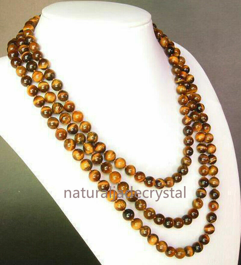 8MM Natural Yellow Tiger Eye Round Bead Gemstone Necklace 50 Inches AAA Grade