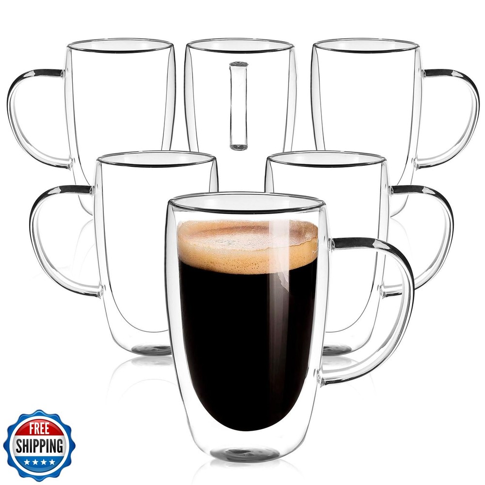 Double Wall Insulated Clear Glass Coffee Mugs Set of 6