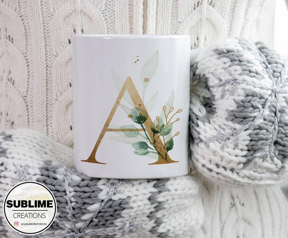 Personalised Gold Initial Mug Any Letter Floral Leaf Alphabet Monogram Tea Cup