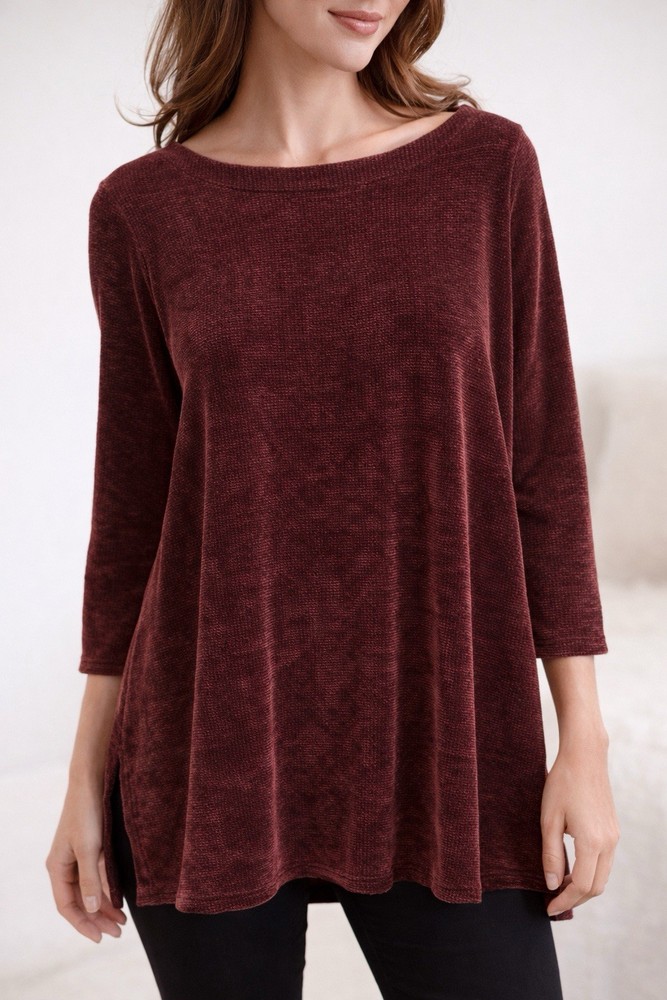 J Jill Wearever Tunic Top Large Burgundy Knit 3/4 Sleeve A Line Side Slit
