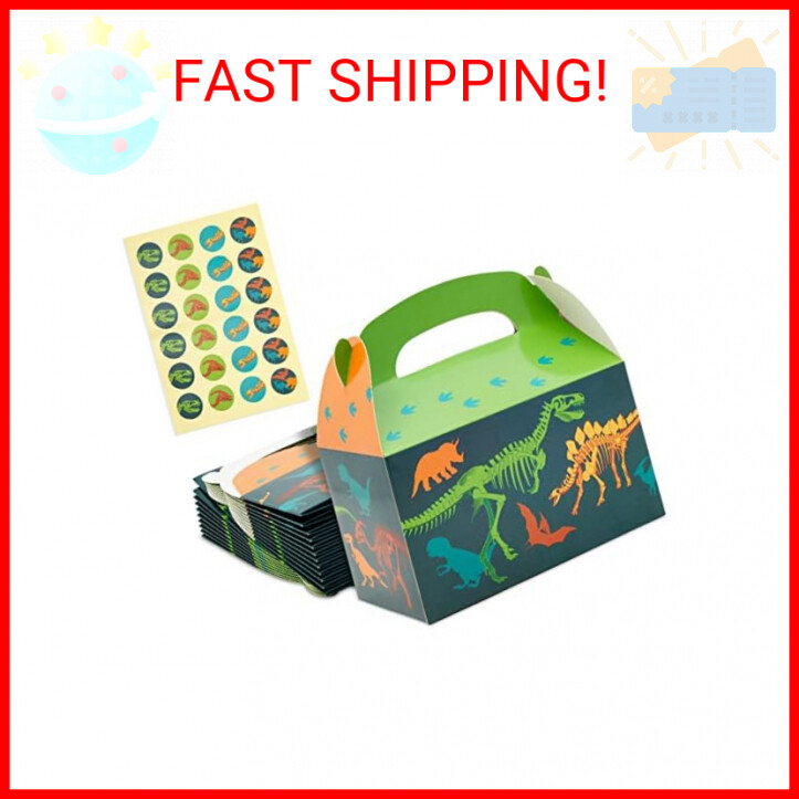 BLUE PANDA 24-Pack Dinosaur Party Treat Boxes with Handles and Stickers - Dino Theme Party Favors