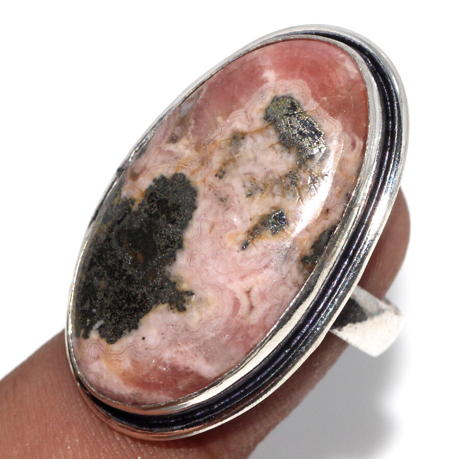 Pyrite In Rhodochrosite 925 Silver Plated Ring 8 Aesthetic Jewellery JW