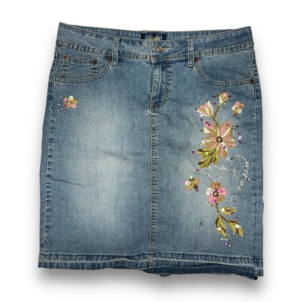 angels vintage y2k floral emboidered denim midi skirt 10/11