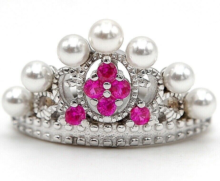 Sterling Silver Tiara Treated Ruby & Freshwater Pearl Ring Size 8
