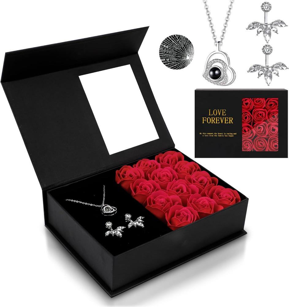 Valentines Day Gifts for Her Women Red Roses Flowers Gift Box with Necklace-image