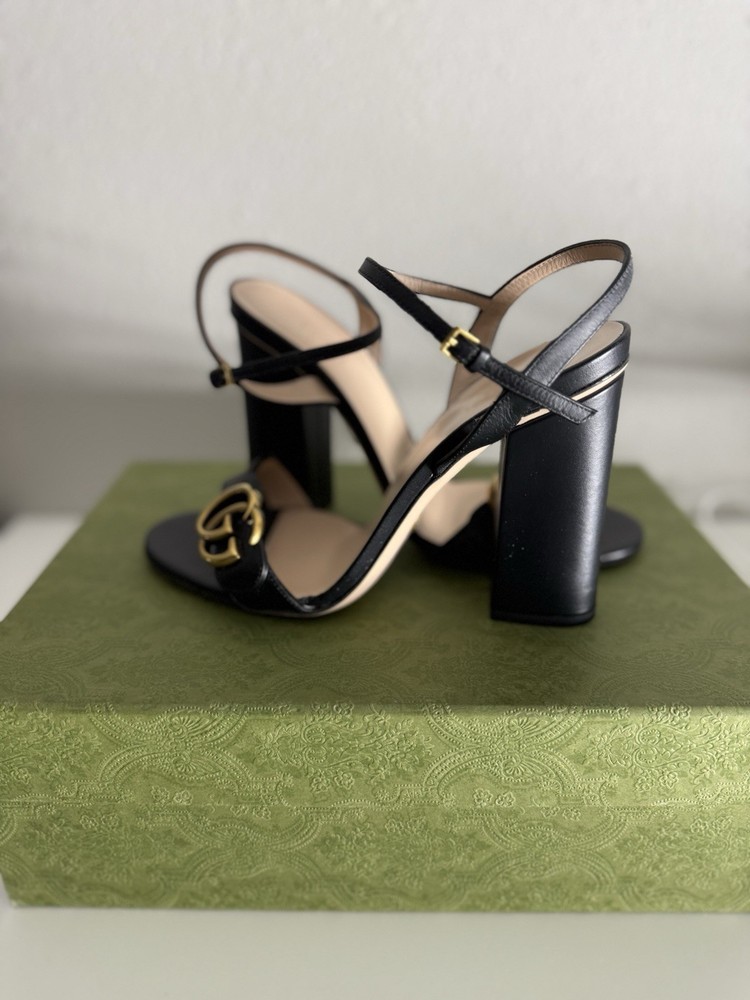 Gucci Marmont GG Gold Logo Black Leather Ankle Strap Heeled Sandals
