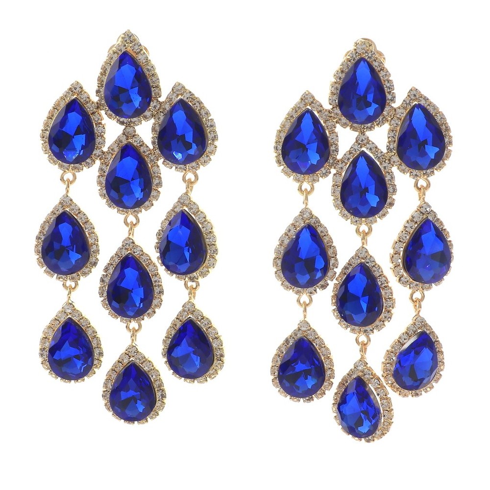 Gold Tone Metal Long Crystal Clip-On Chandelier Earrings ER2517-SAP
