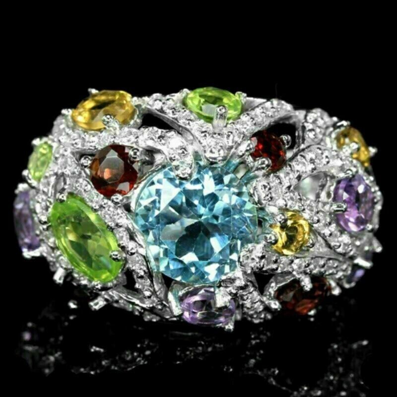 Silver Ring with Genuine Topaz Garnet Peridot in Solid Sterling Size 8.5 US