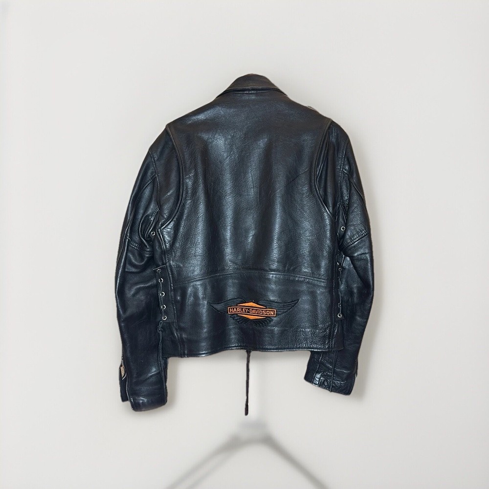 Men’s Vintage Leather Riding Jacket . Harley Davidson Patch On Back