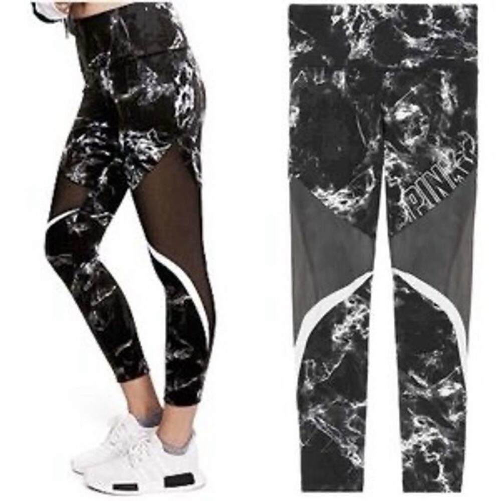 VS PINK Marbled Black & White Mesh High Waist Leggings
