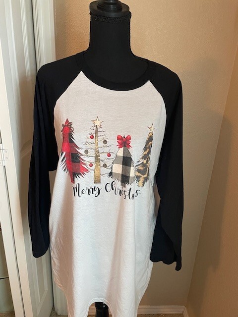 Bella-Canvas Christmas Tree Shirt 3/4 sleeve Black/White Size 2XL