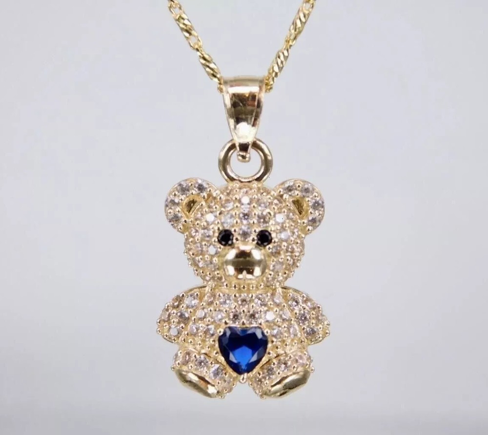 14K Yellow Gold Plated 2Ct Heart Cut Lab Created Sapphire TEDDY BEAR OnlyPendant