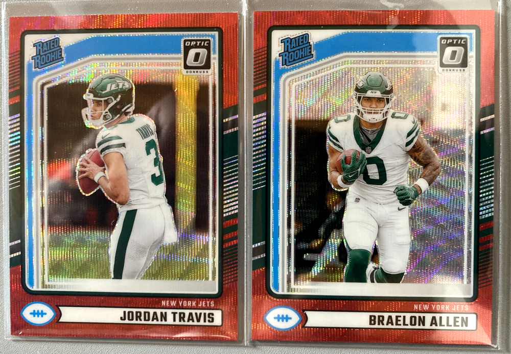 2024 Donruss Optic Preview Red Wave #349 Jordan Travis & #306 Braelon Allen Jets