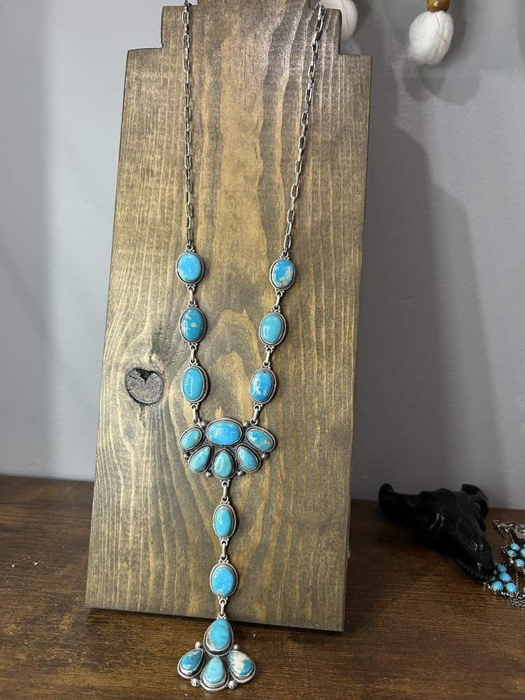 Stunning Natural Kingman Sterling Silver Lariat Necklace 31” Long