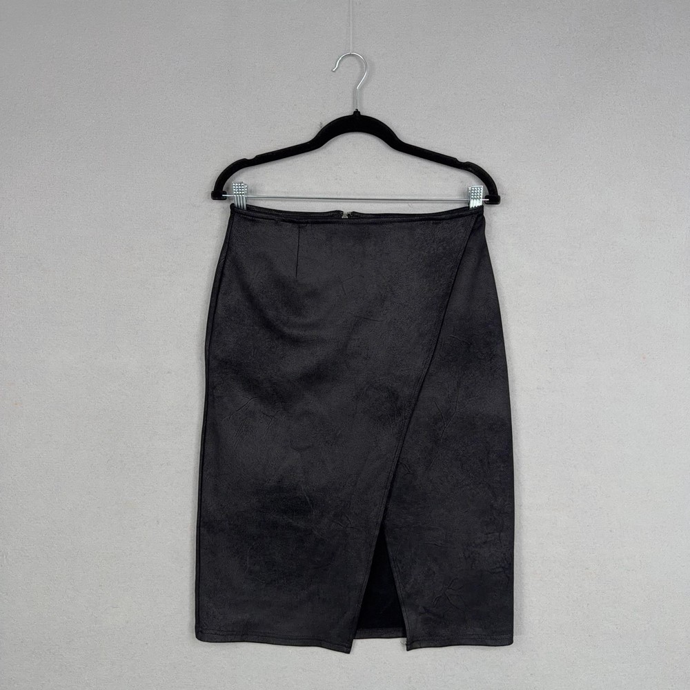 Free People Skirt Womens Large Black Faux Suede Wrap Pencil Slit Knee Length