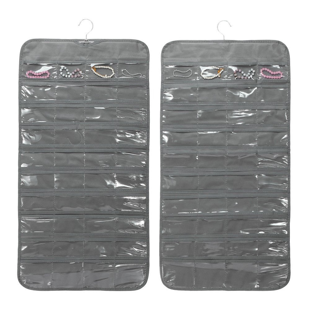 Dual-Sided Hanging Jewelry Organizer with 80 Pockets in Grey