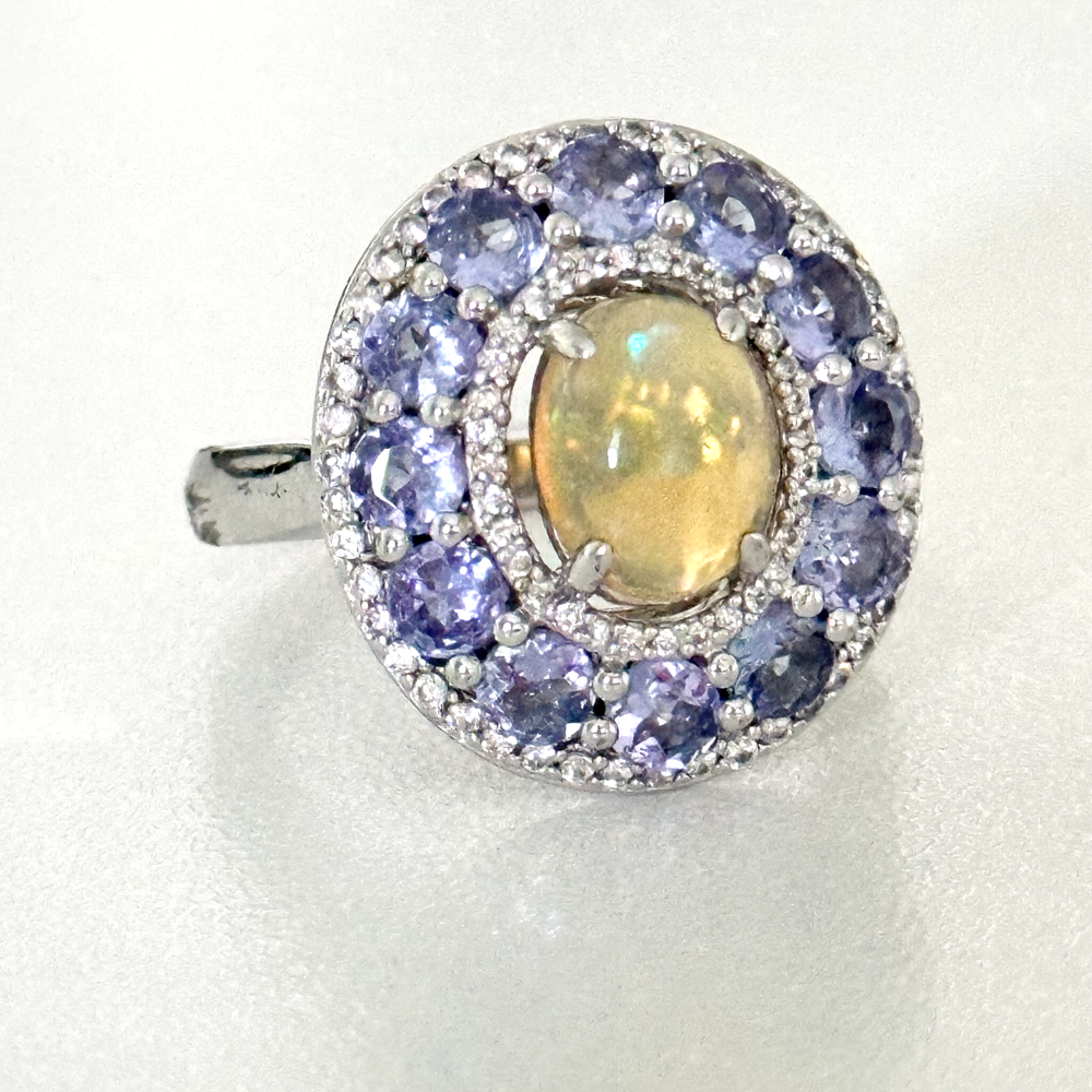 Carol Brodie Sterling Silver Statement Ring with Tanzanite Opal and White Topaz Size 8