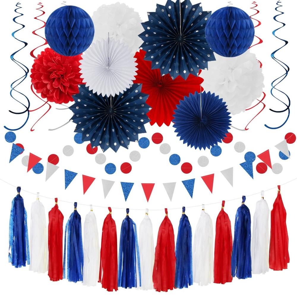 Fourth-4th of July Memorial-Day Party-Decorations - 31pcs Red-Blue White-Silv...