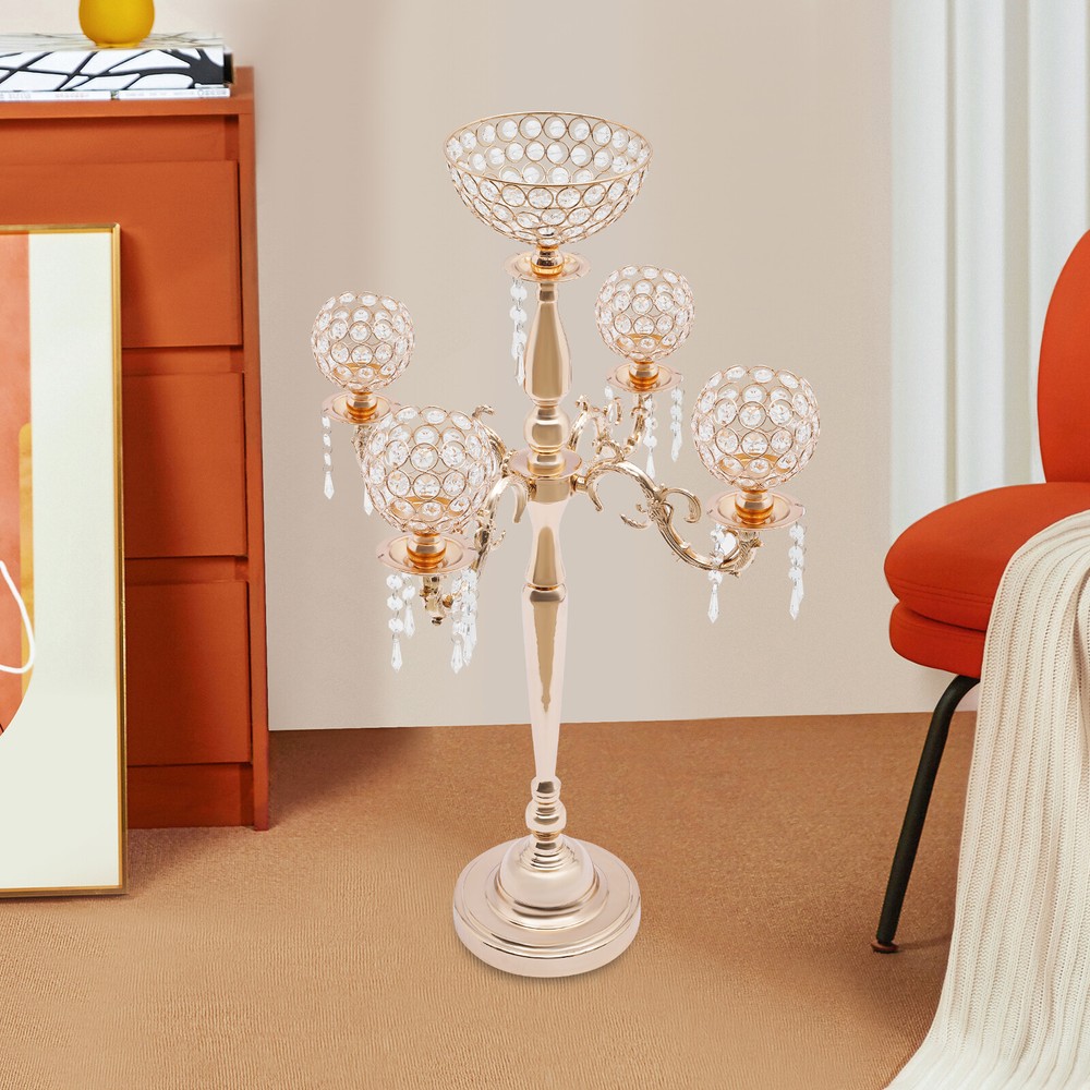 5 Arm Crystal Candelabra Wedding Centerpiece Votive Candle Holder Gold