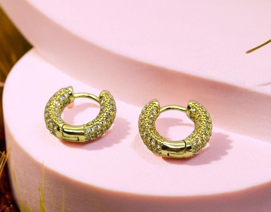 Elegant 18K Gold Micro Pave Earrings, Round Cut Moissanite Hoop Design