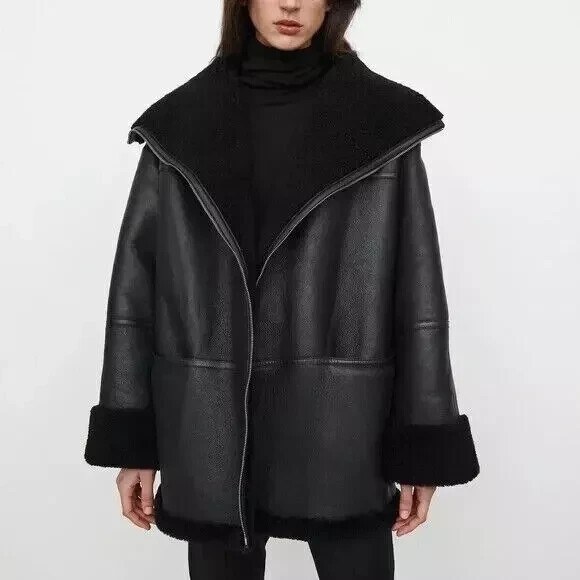 Women's RAF B3 Black Lambskin Leather Jacket with Shearling Fur Lining