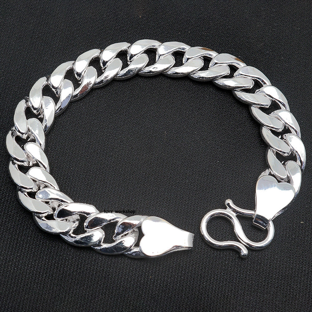 Pure 999 Fine Silver 12mm Smooth Curb Chain Bracelet 60-61g Glossy Finish