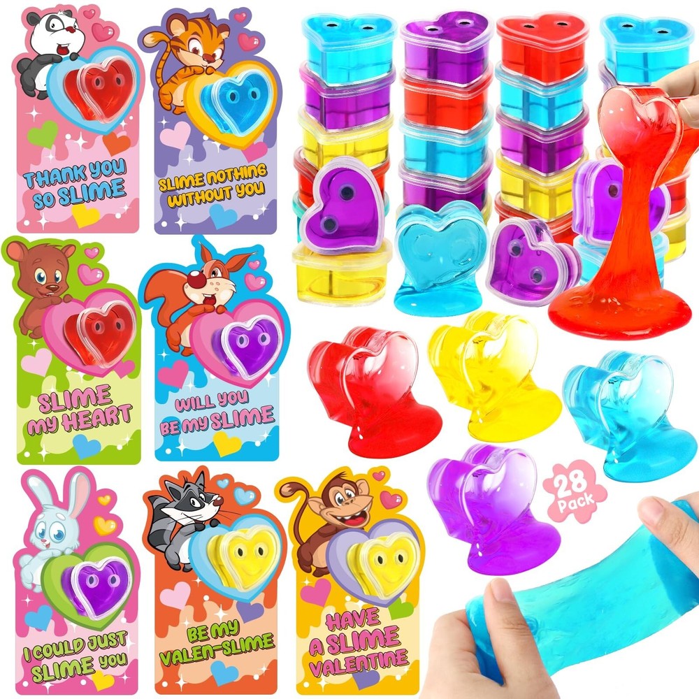 28-Pack Heart Slime Valentine Gifts for Kids with Animal Greeting Cards