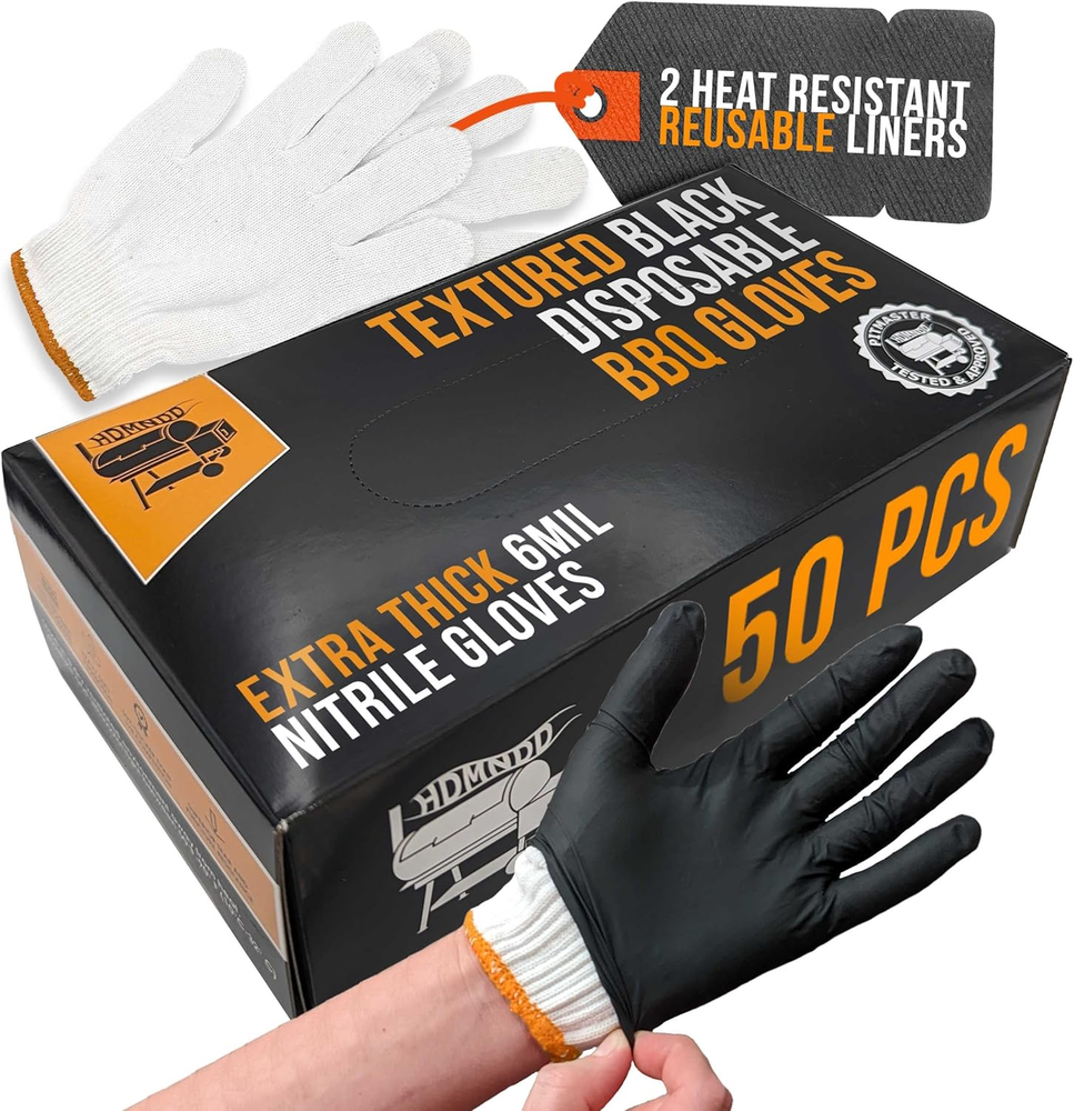 Black Disposable BBQ Grill Gloves Kit - 50 Heavy Duty Textured Grip and 2 Heat R