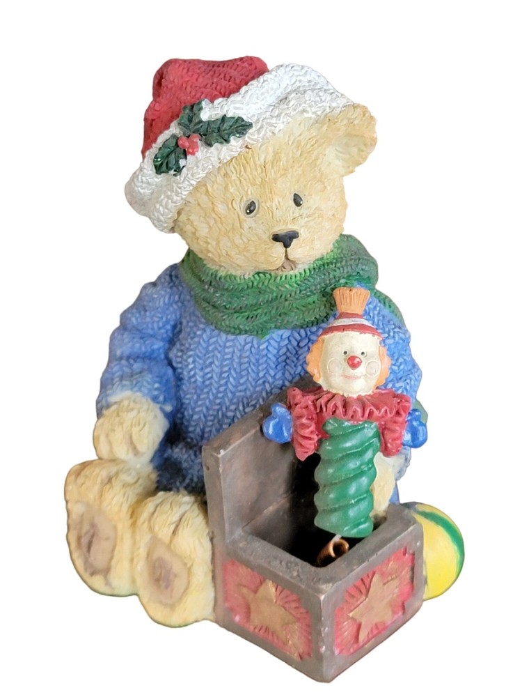 Christmas Decoration Teddy Bear w/ Jack In The Box Poly-Resin 3