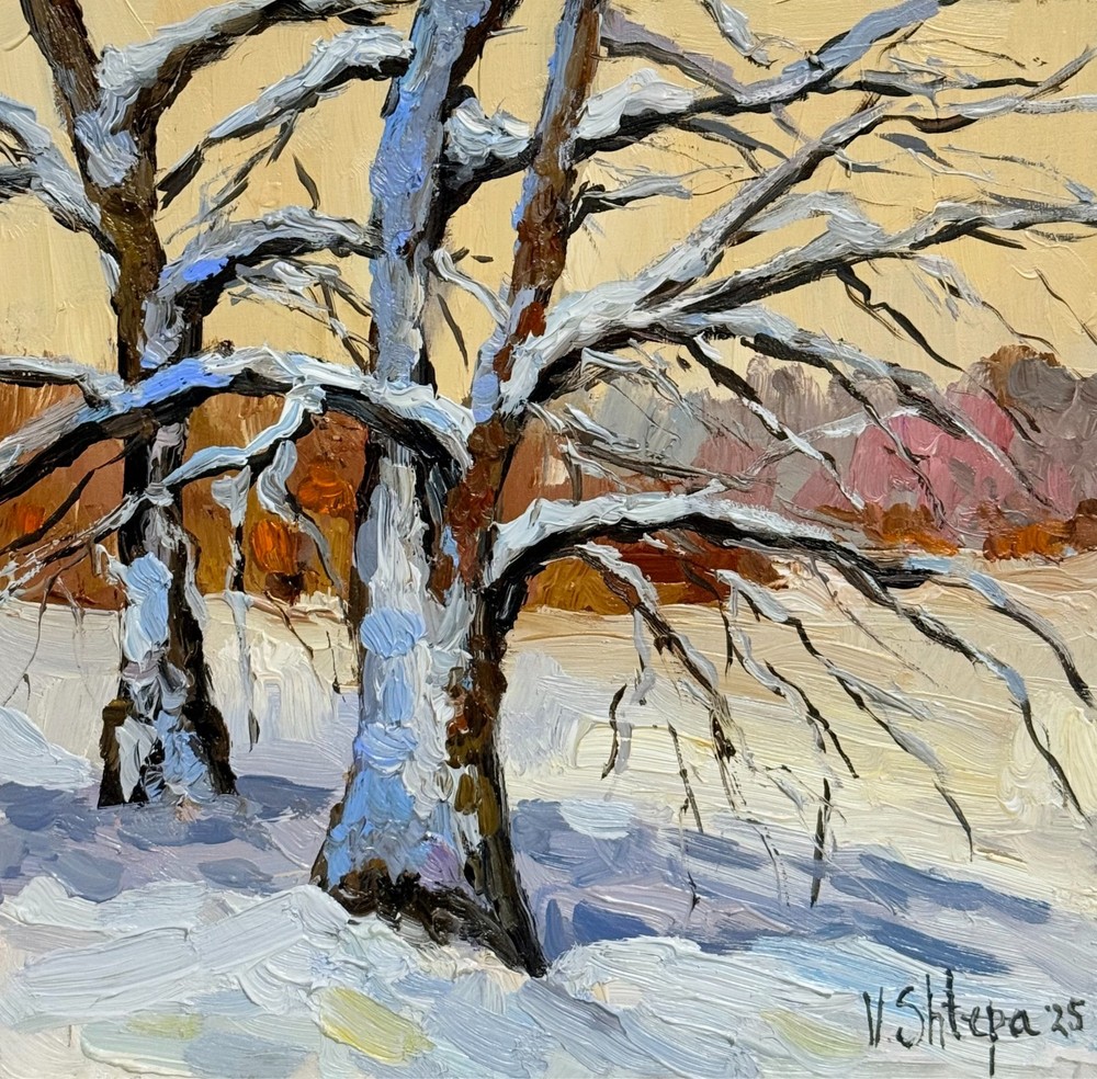 Original Oil Painting Winter Sunset Landscape Forest Impressionism Art Signed