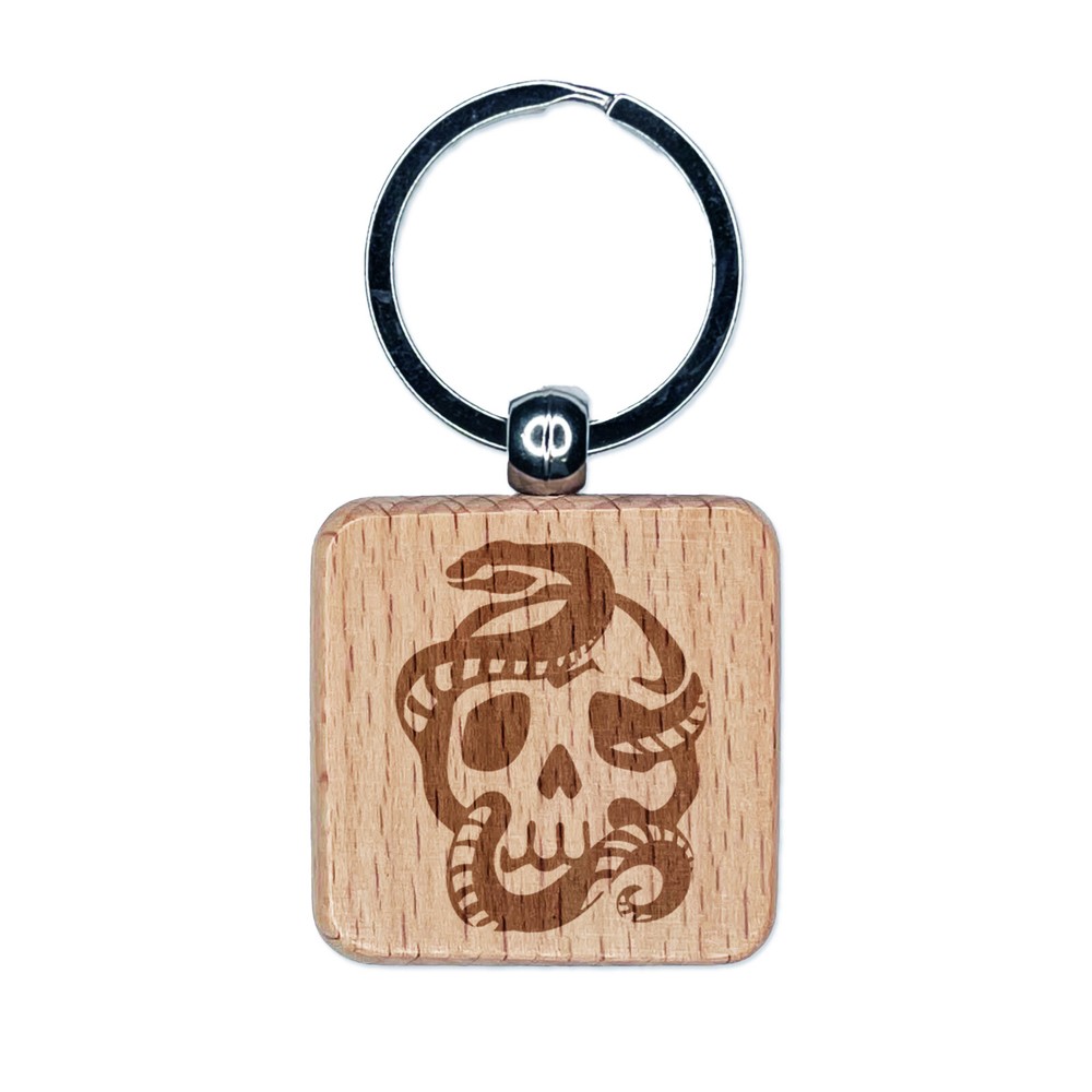 Sinister Skull with Snake Serpent Engraved Wood Square Keychain Tag Charm