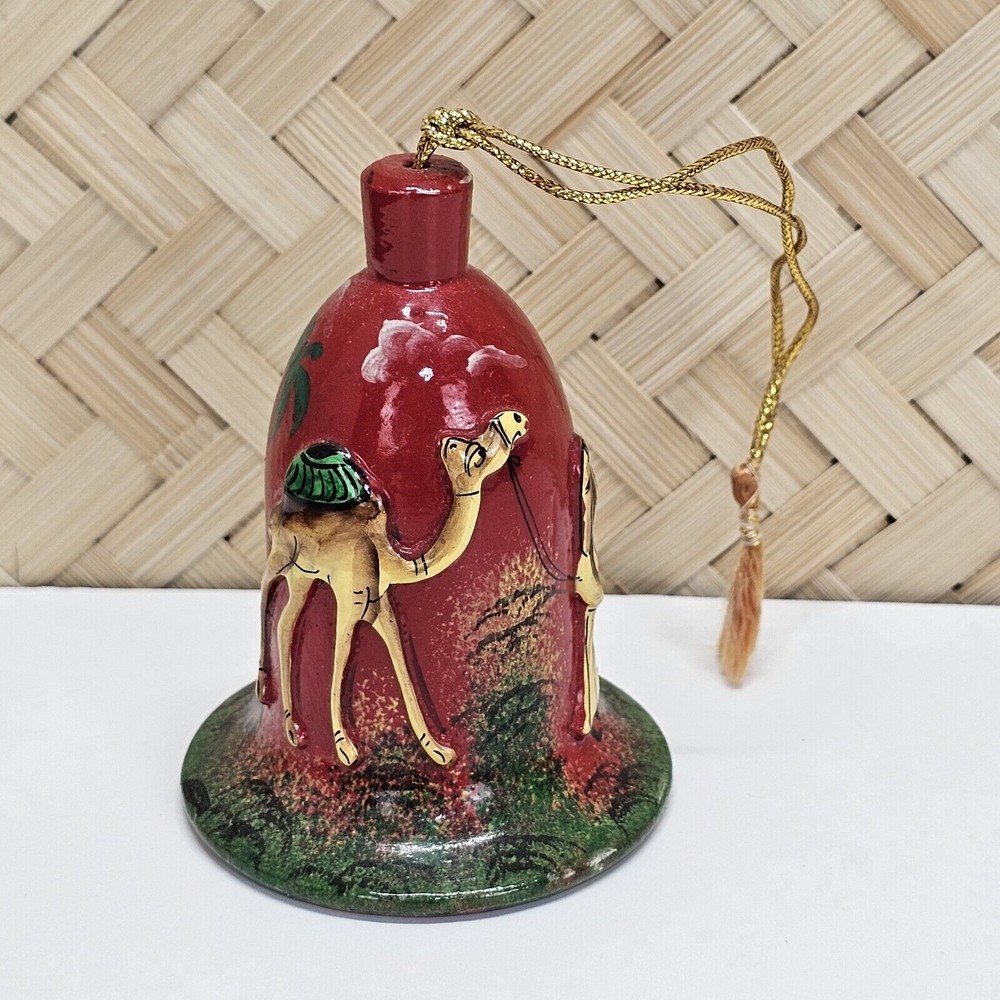 Vintage Hand-Painted Red Wooden Christmas Bell Ornament with Camel Shepherd Design
