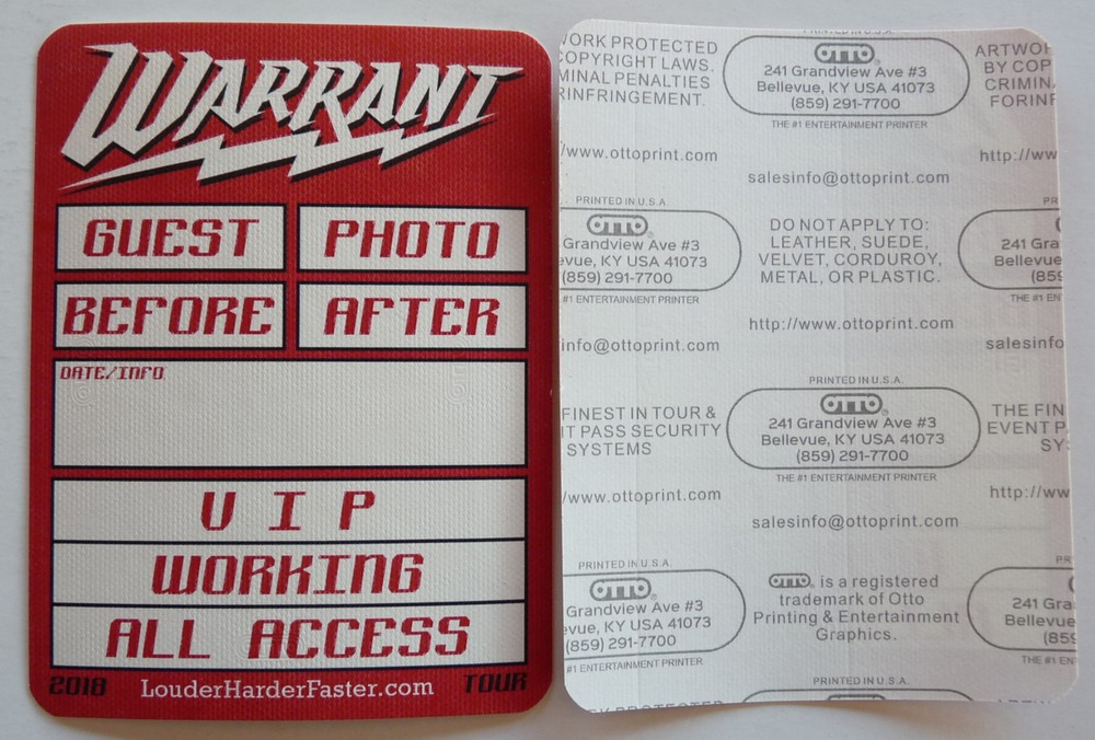 Warrant 2018 Louder Harder Concert Tour Red Multi Backstage Pass D15