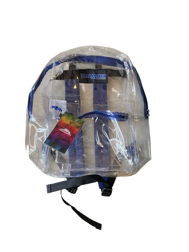 Trailmaker Back Pack Clear Plastic Clear Blue Trim For School, Work, Travel NWT