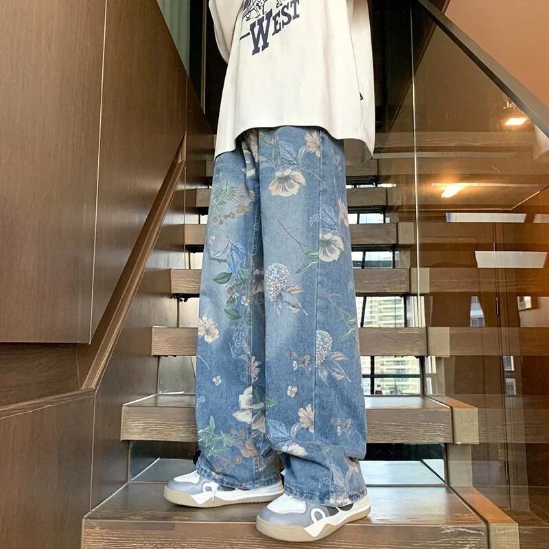 Men Vintage Denim Pants Hip Hop Fashion Wide-leg Baggy Jean Streetwear Trousers