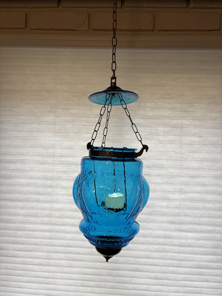 Vintage Aqua Glass Bell Candle Lantern Antique Hanging Light