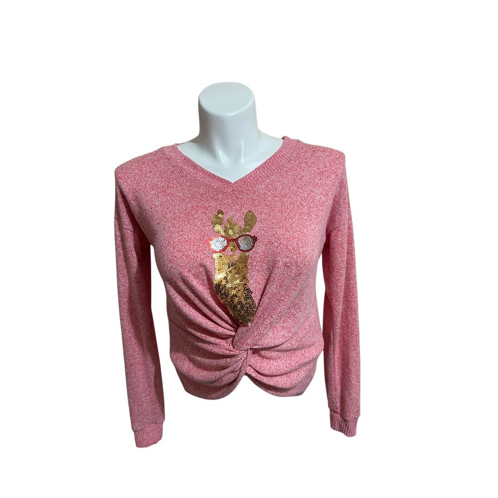 Merry Christmas Pink Sweater Sequin Llama Holiday V Neck Pullover Size L